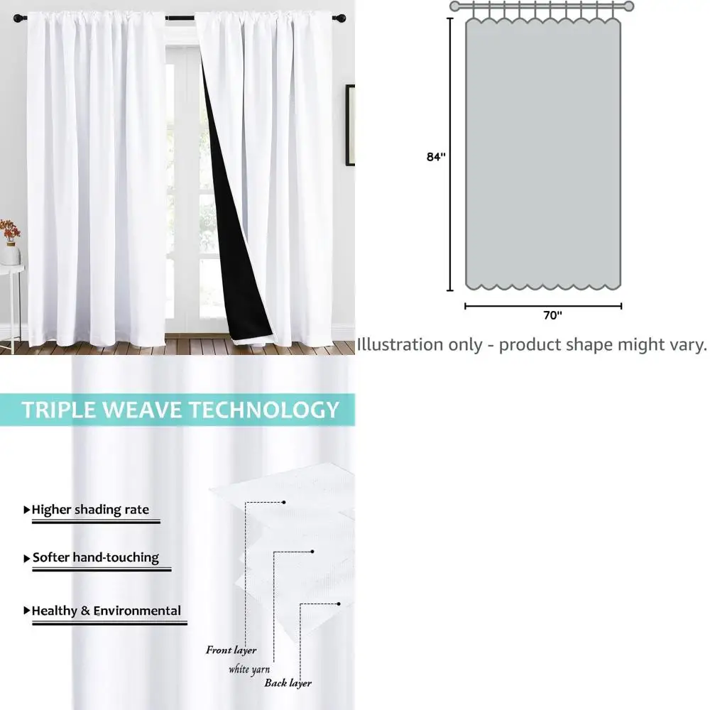 

Thermal Insulated Blackout Curtains, 84 Full Light Block, 70 Wide, Pure White, 2-Piece Set for Nursery & Living Room