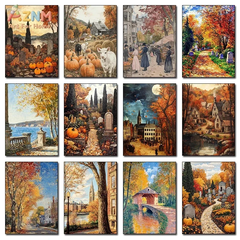 AZNM Vintage Autumn Landscape Canvas Wall Art Fall Pumpkin Maple Tree Country Town Scenery Retro Oil Painting Unframed Canvas De