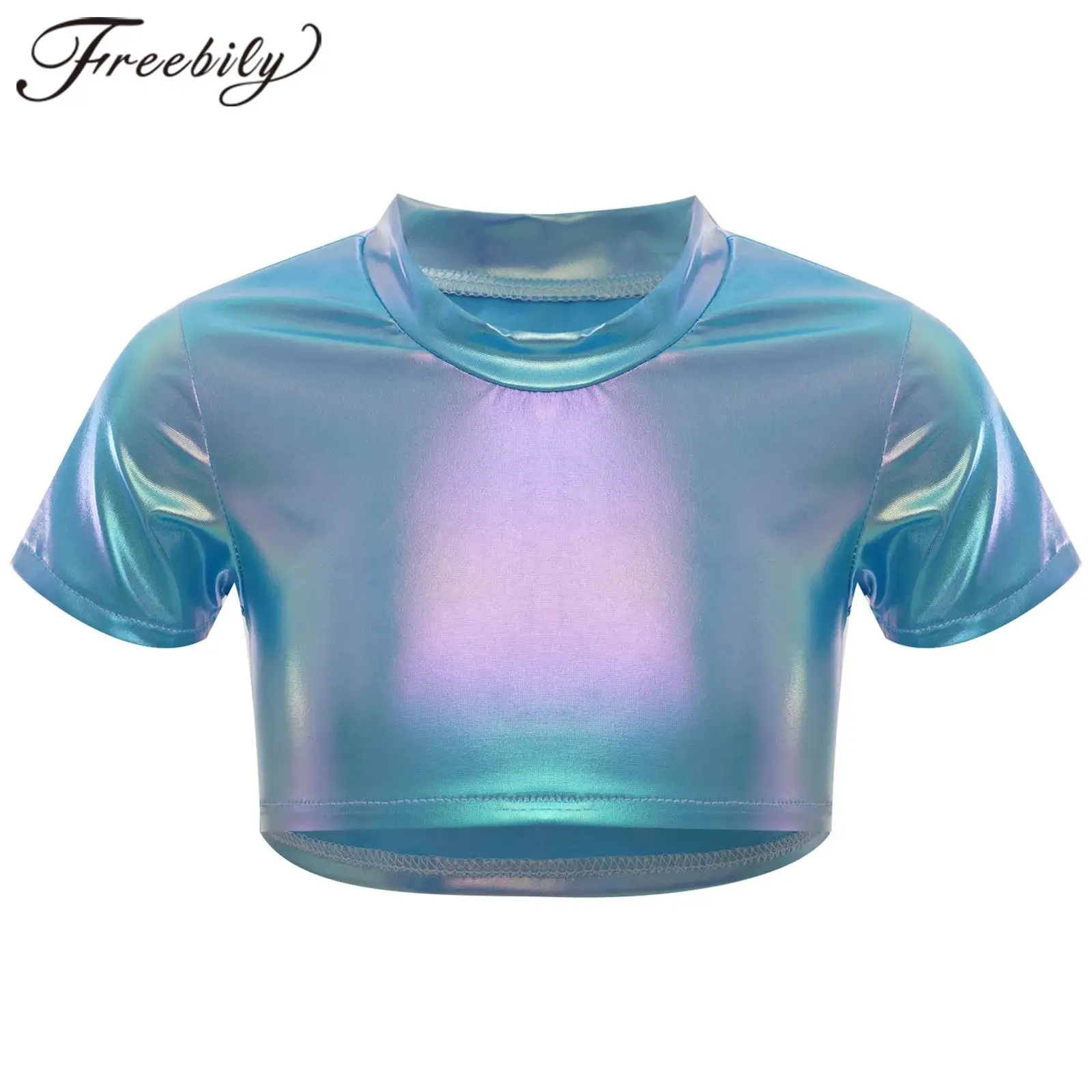 

Детская металлическая футболка для девочек, костюм для джазовых танцев в стиле хип-хоп, топы, укороченный топ с короткими рукавами, детская танцевальная одежда для выступлений, уличная одежда