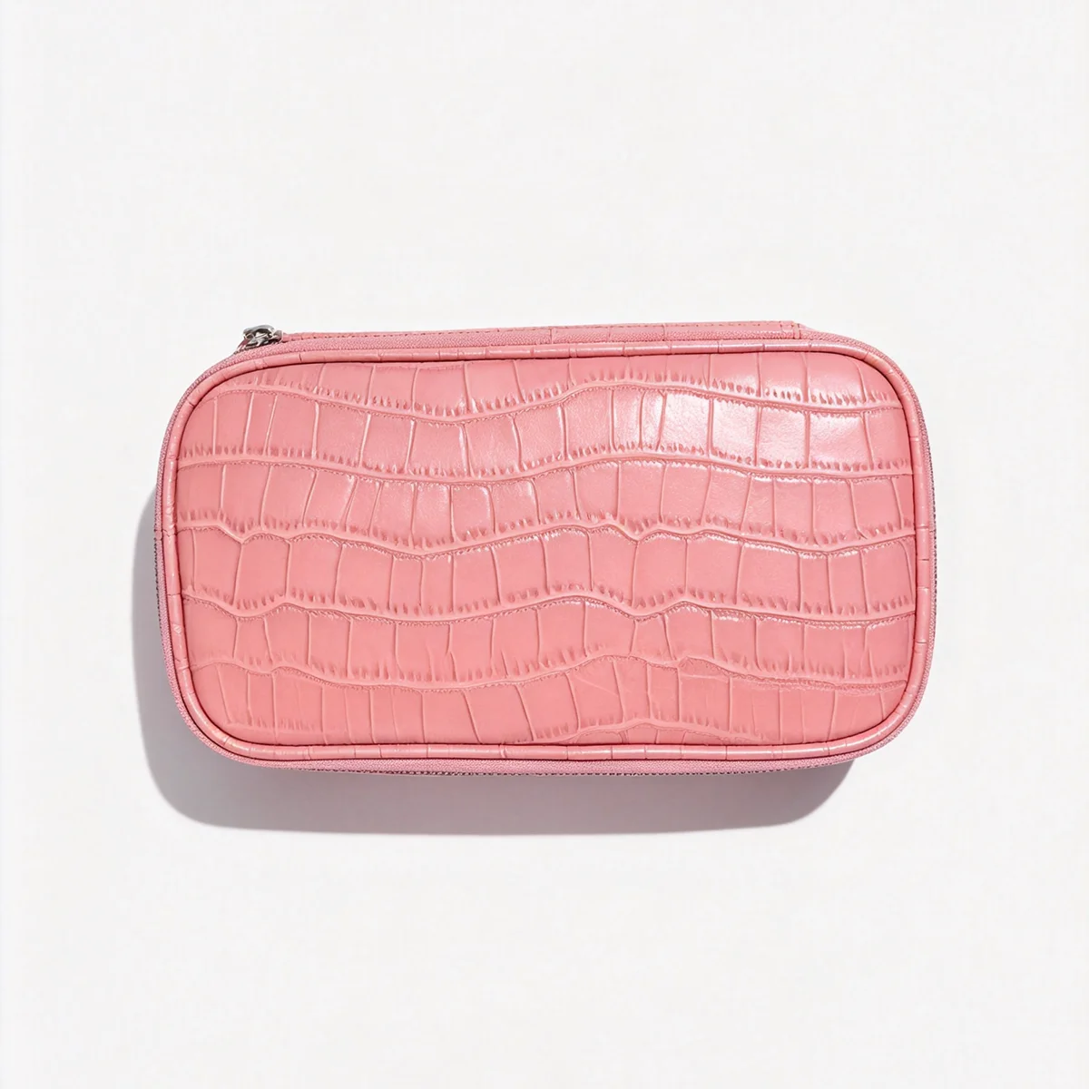 Geprägter Kosmetikbeutel aus Leder mit Krokodil-Optik, großer Stauraum, mehrere Taschen, Handtaschen-Organizer für Toilettenartikel, Reise, rosa Ausführungen. – Detail 15