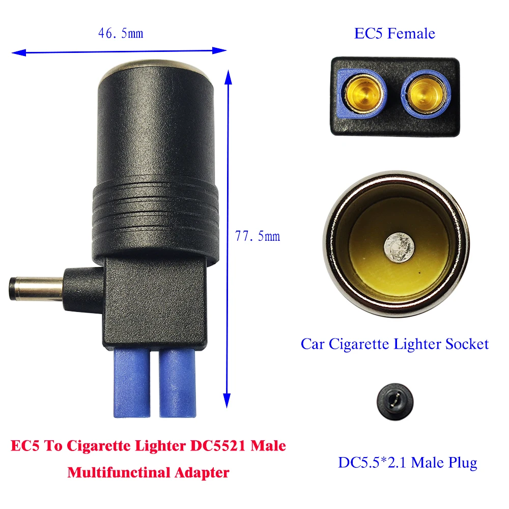 Adaptador de corriente de emergencia para arranque de coche, enchufe macho EC5 hembra a encendedor de cigarrillos hembra a CC de 5,5mm x 2,1mm, para arrancador de batería