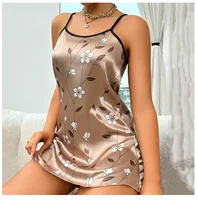 Ladies Sexy Sling Nightgown Nightdress Women's Sexy Lingerie Silk Satin Sleepwear Floral Pinting Nightwear Homewear Mini Dress - Image 2