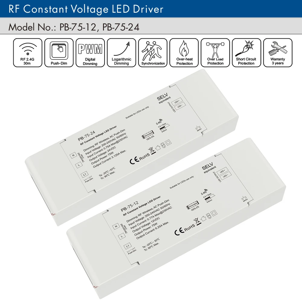 2.4G  RF Wireless Remote Control Dimmable LED Driver 12V 24V 75W AC200V 240V to DC 12V 24V Constant Voltage LED Dimming Driver