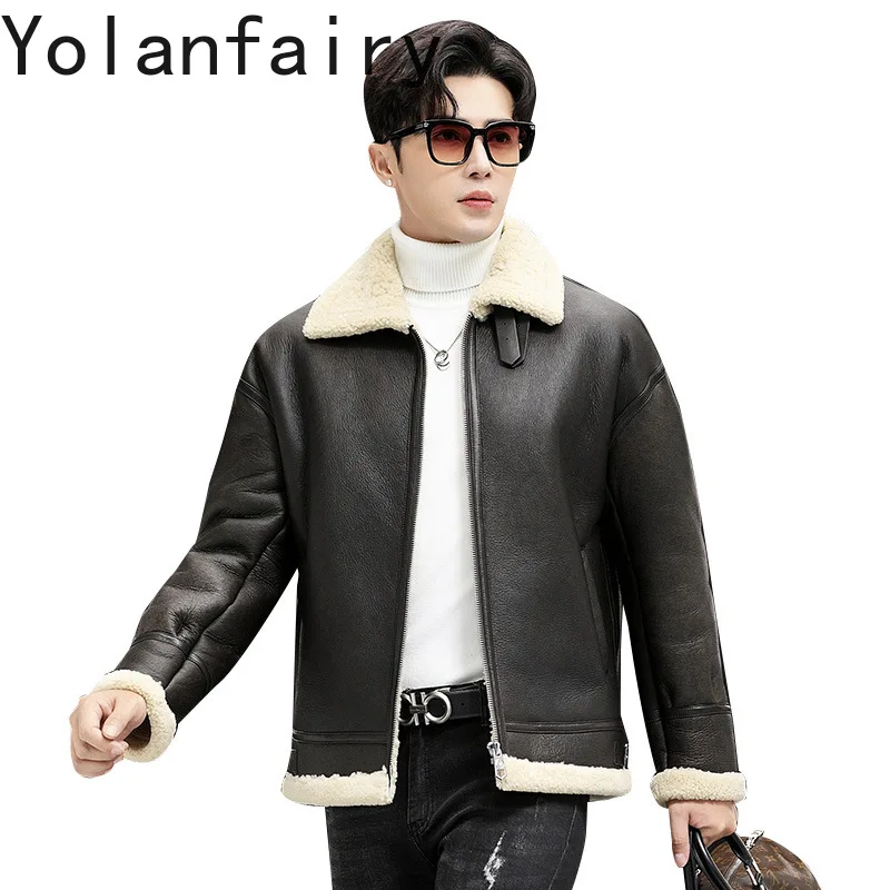 YOLANFAIRY Genuine Sheepskin Jacket Mens Real Fur Coat Winter Clothes Leather Motorcycle Jacket Fleece Jacket Men Бомбер 2024