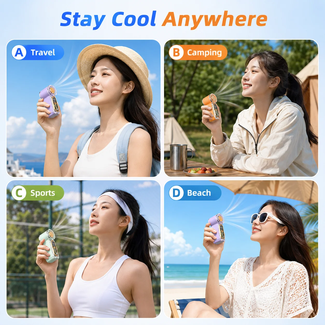 Portable USB Rechargeable Mini Handheld Fan Powerful Pocket Fan Strong Airflow for Travel Camping Sports Beach Summer