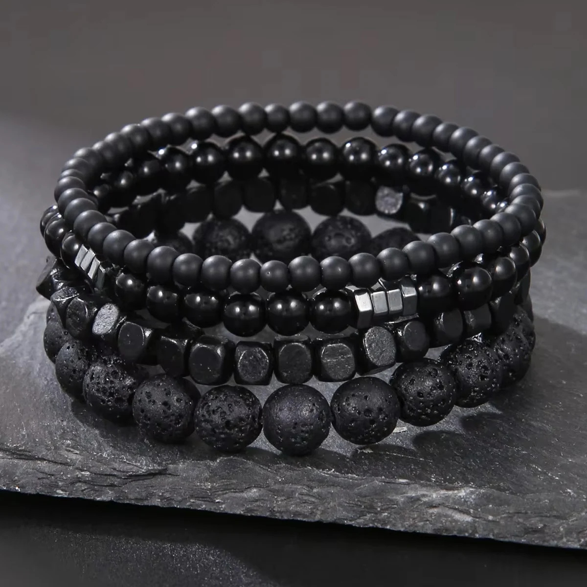 

4Pcs Set Black Gall Stone Volcanic Stone Wood Beads Bracelets Men's Combination Elastic Bracelet For Couple Friends Jewelry