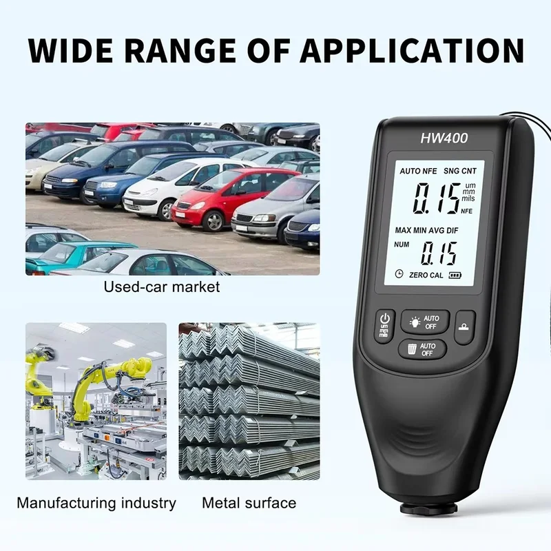 HW400 Car Paint Coating Thickness Gauge Car Paint Electroplate Metal Coating Thickness Tester Meter 0-2000um for Fe/NFE