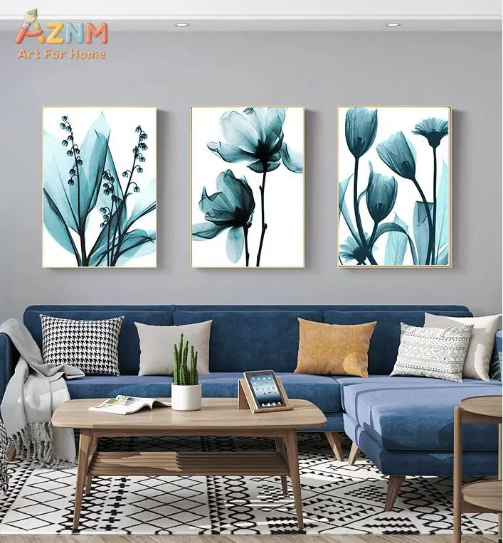 AZNM Transparent Teal Xray Flower Canvas Wall Art Print, Minimalist Blue Tulip Lily of the Valley Floral Modern Living Room Bedr