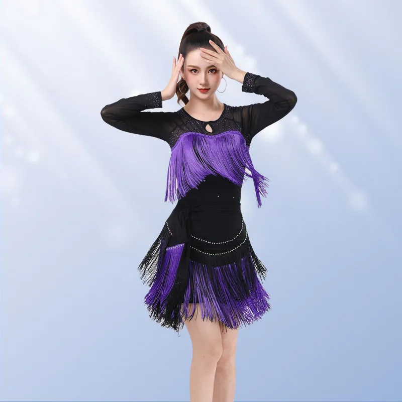 Одежда для латинских танцев, новые топы Hot Diamond с бахромой, высококачественная одежда для выступлений с длинными рукавами.