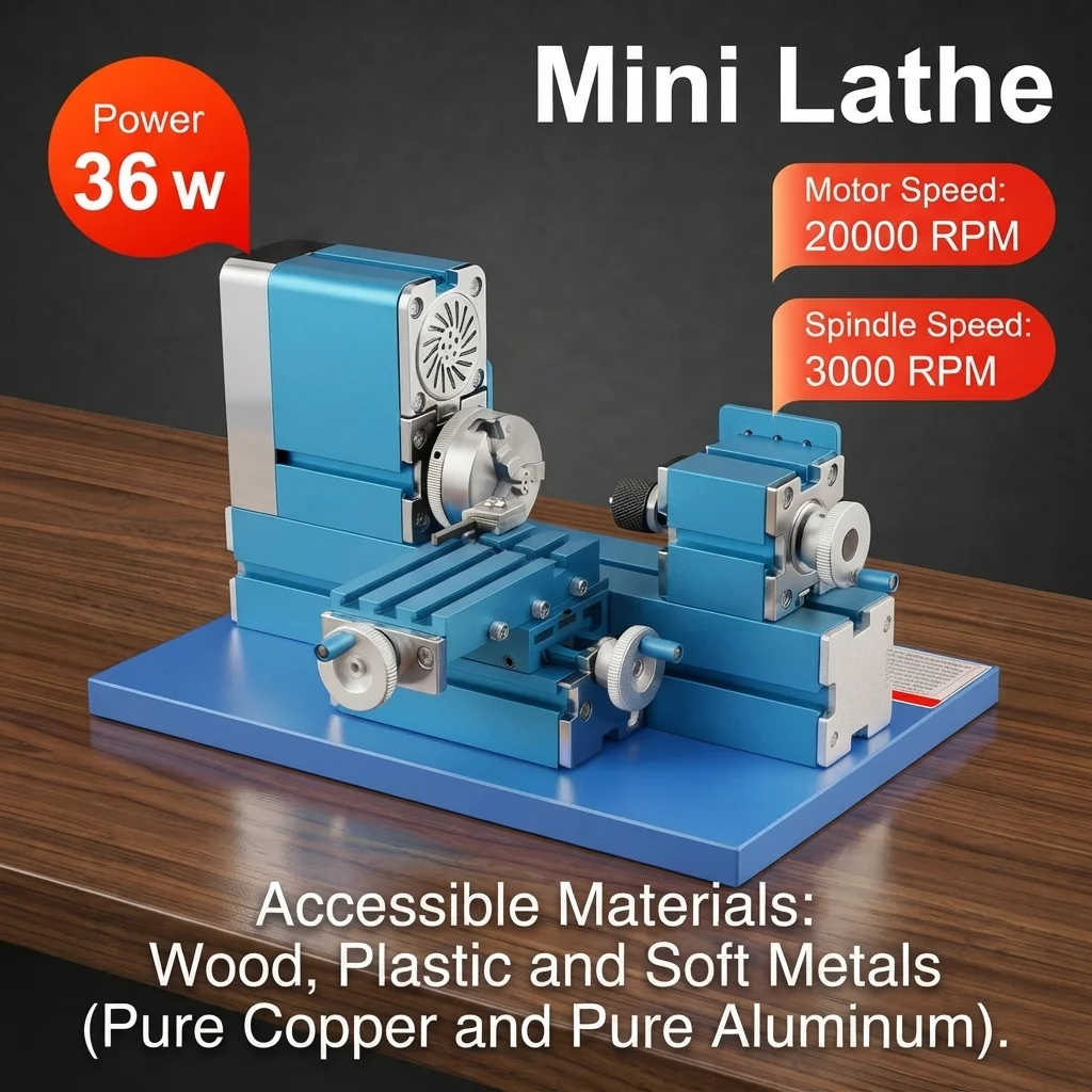 Metal Mini Lathe Machine, 36W 20,000RPM Precision Lathe for Wood & Soft Metals (Copper, Aluminum) in DIY, Model Making, Crafts & Education