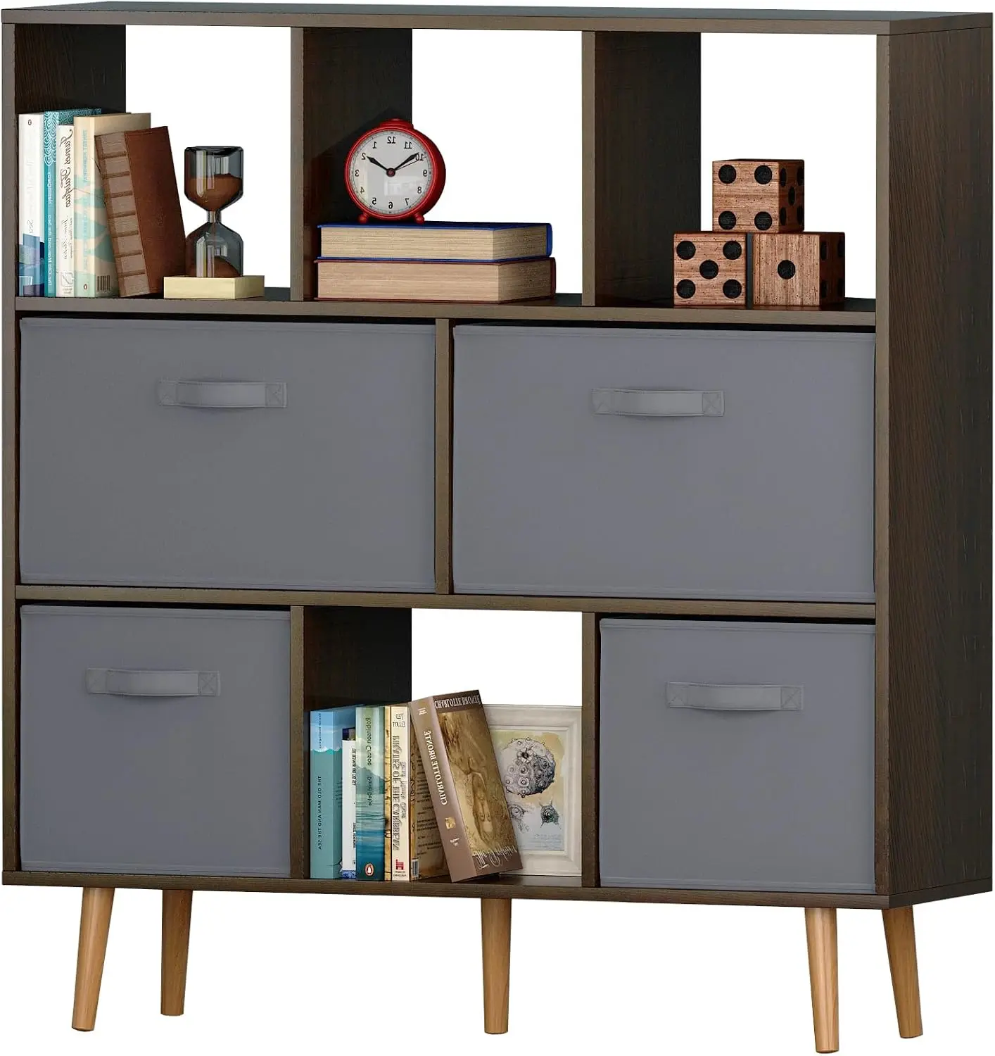 3 Tier Freestanding Open Bookshelf, 3 Shelf Bookcase with 4 Nonwoven Fabric Drawers, Display Cube Shelves Compartments