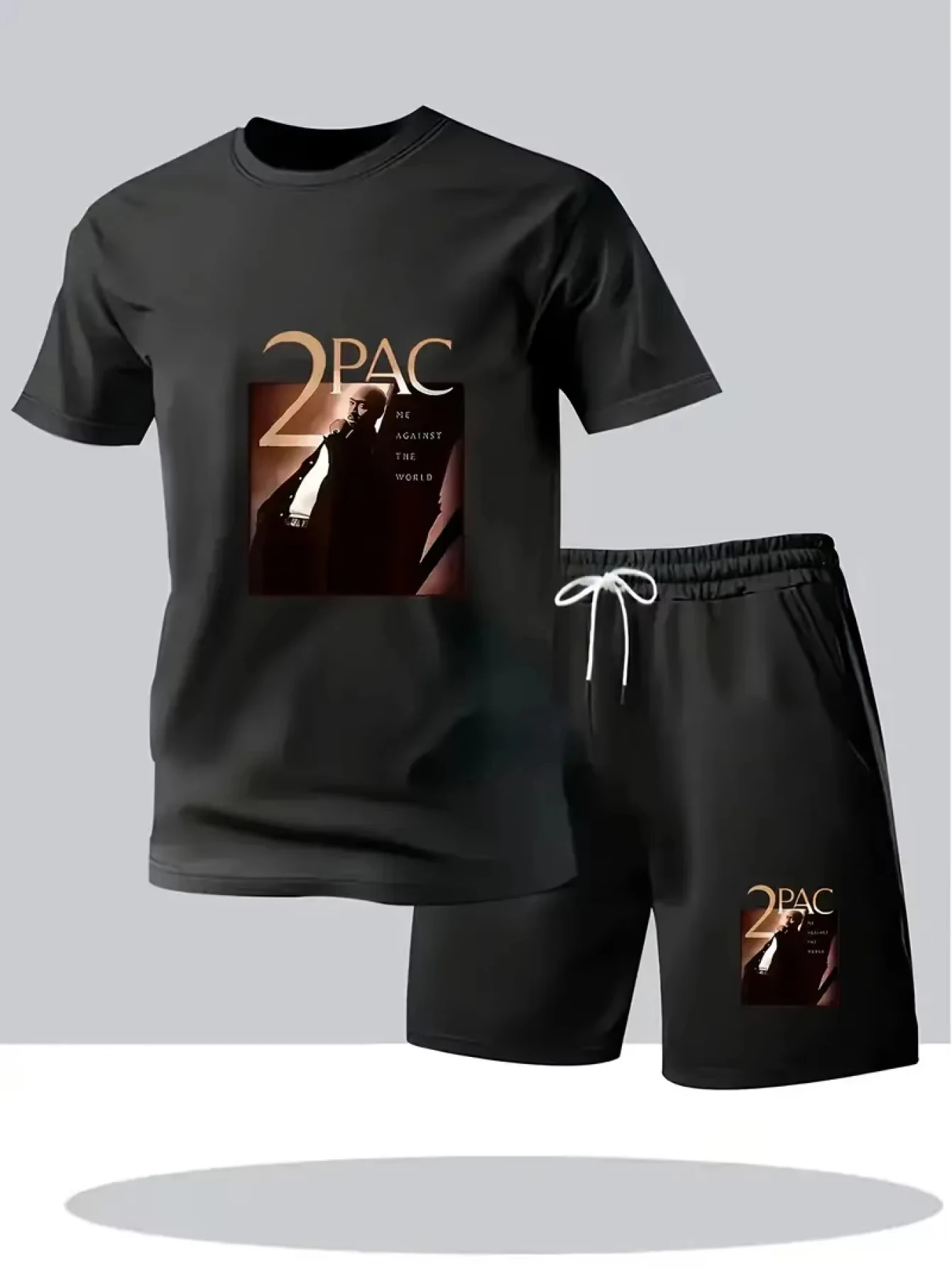 Summer Men Casual Street Style Outfit Printed Graphic Short Sleeve Tee With Matching Shorts Two Piece Sports Suit