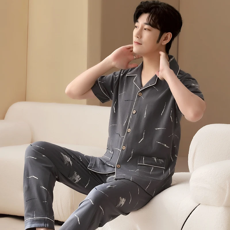 Summer Spring Cotton Short Sleeve Long Pants Mens Leisure Suits Men Cardigan Turn-down Collar Homewear Clothes Man Sleepwear