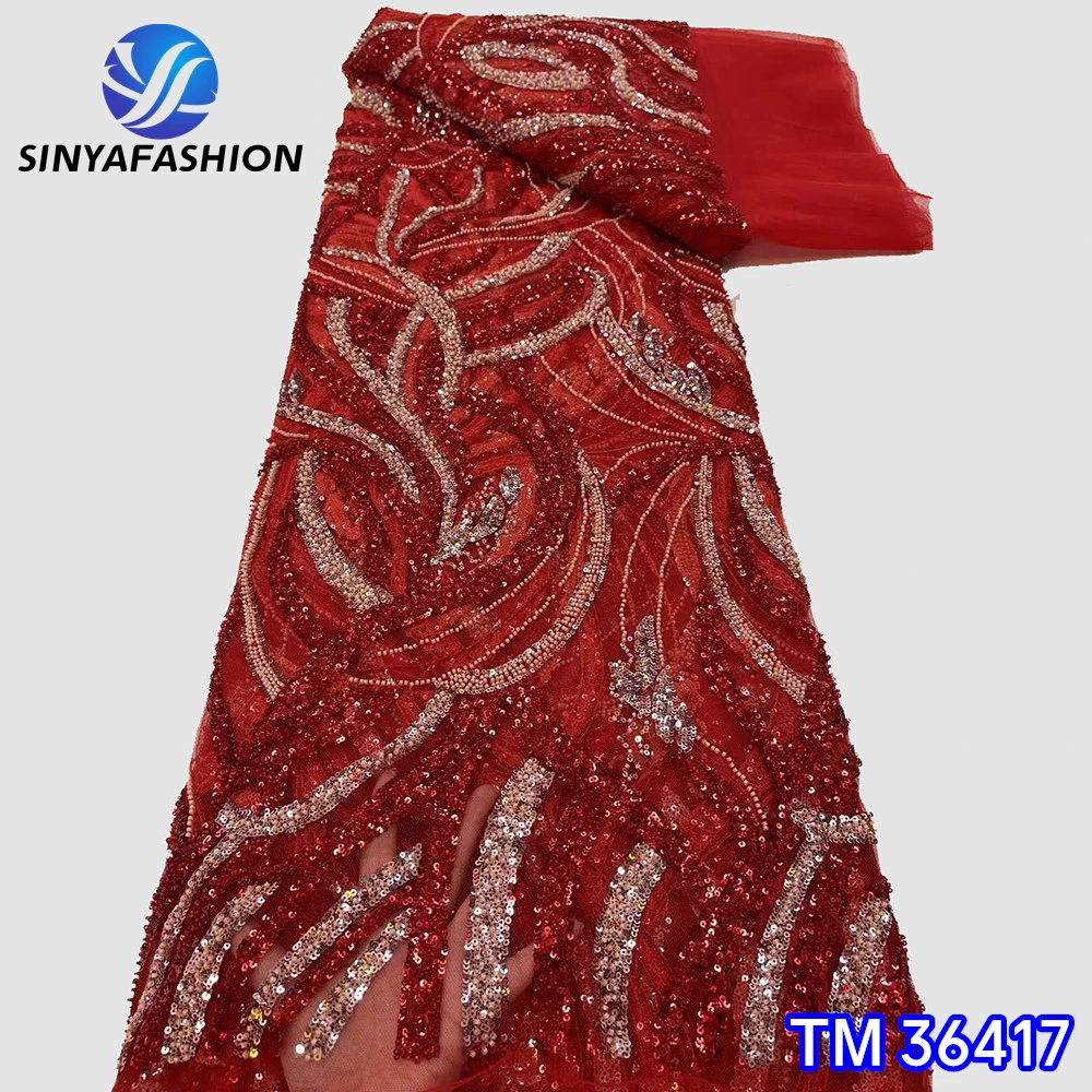 

Sinya African Nigerian Bridal Lace Fabrics High Quality Red Silver French Luxury Sequins Heavy Beaded Lace 5 Yards For Wedding