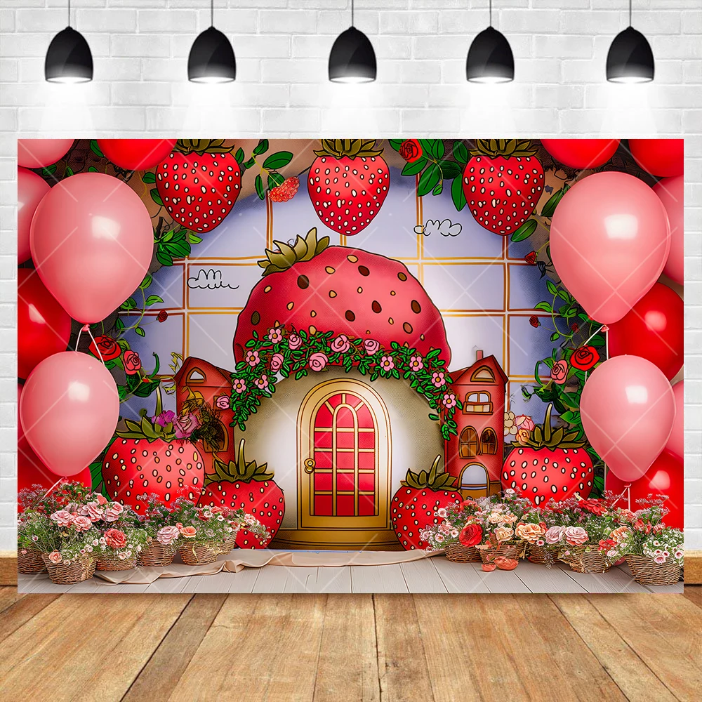 Red Strawberry Berry House BalloonArch Girl Boy Baby Kid Shower Birthday Party Cake Smash Backdrop Custom Decor Photo Background