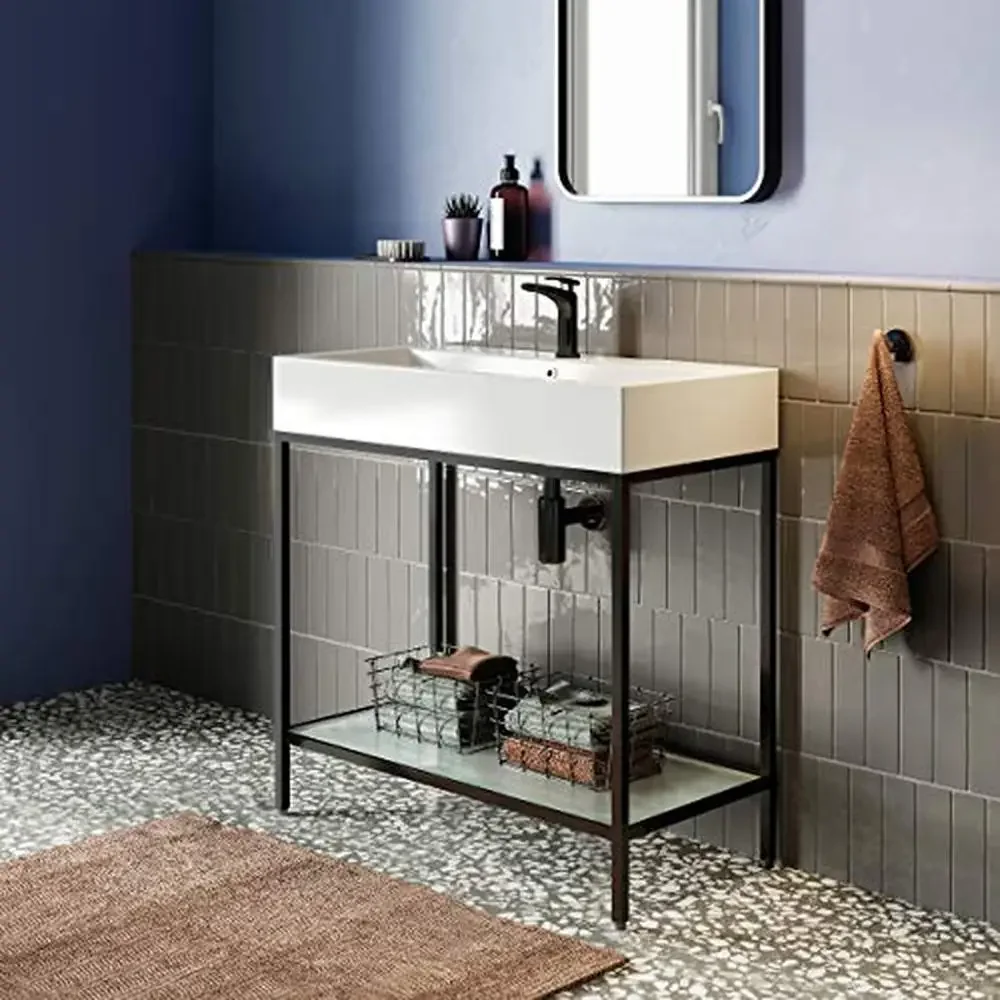 Freestanding Matte Black Metal Frame Bathroom Vanity with Open Glass Shelf