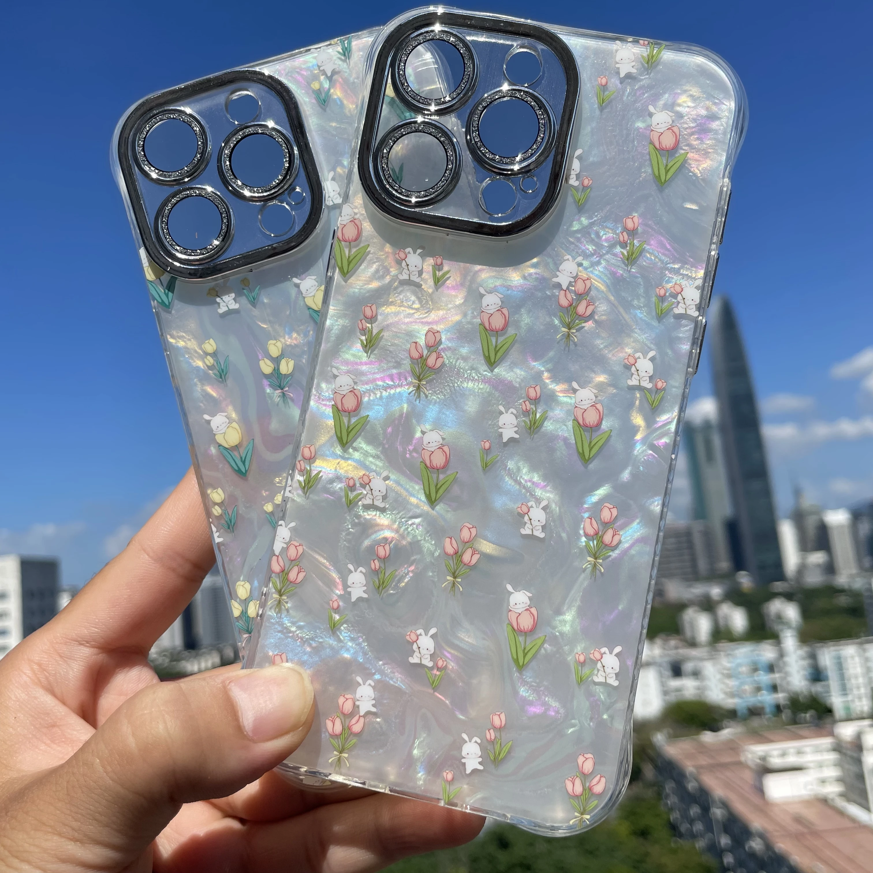 Suitable for Apple 15 ProMax phone case iPhone 14 shell pattern tulip 12 with built-in lens film 13pro Korean style women's case