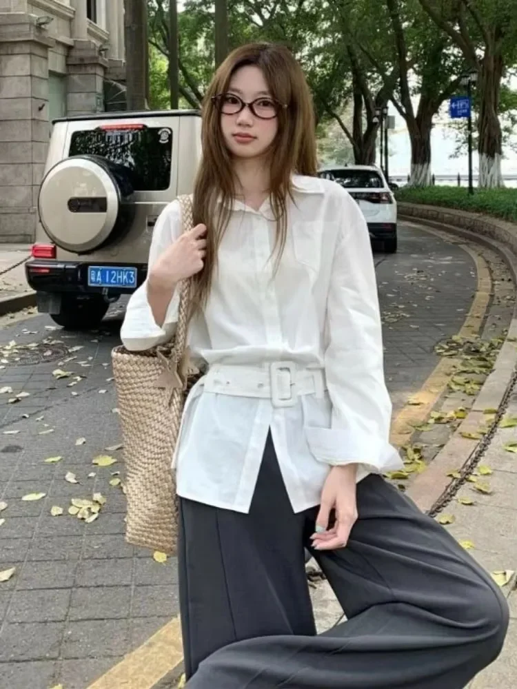 مكتب سيدة بلوزة بيضاء 2025 الملابس النسائية kamas De Mujer رفض طوق قمصان طويلة الأكمام خمر الخريف حزام البلوزات