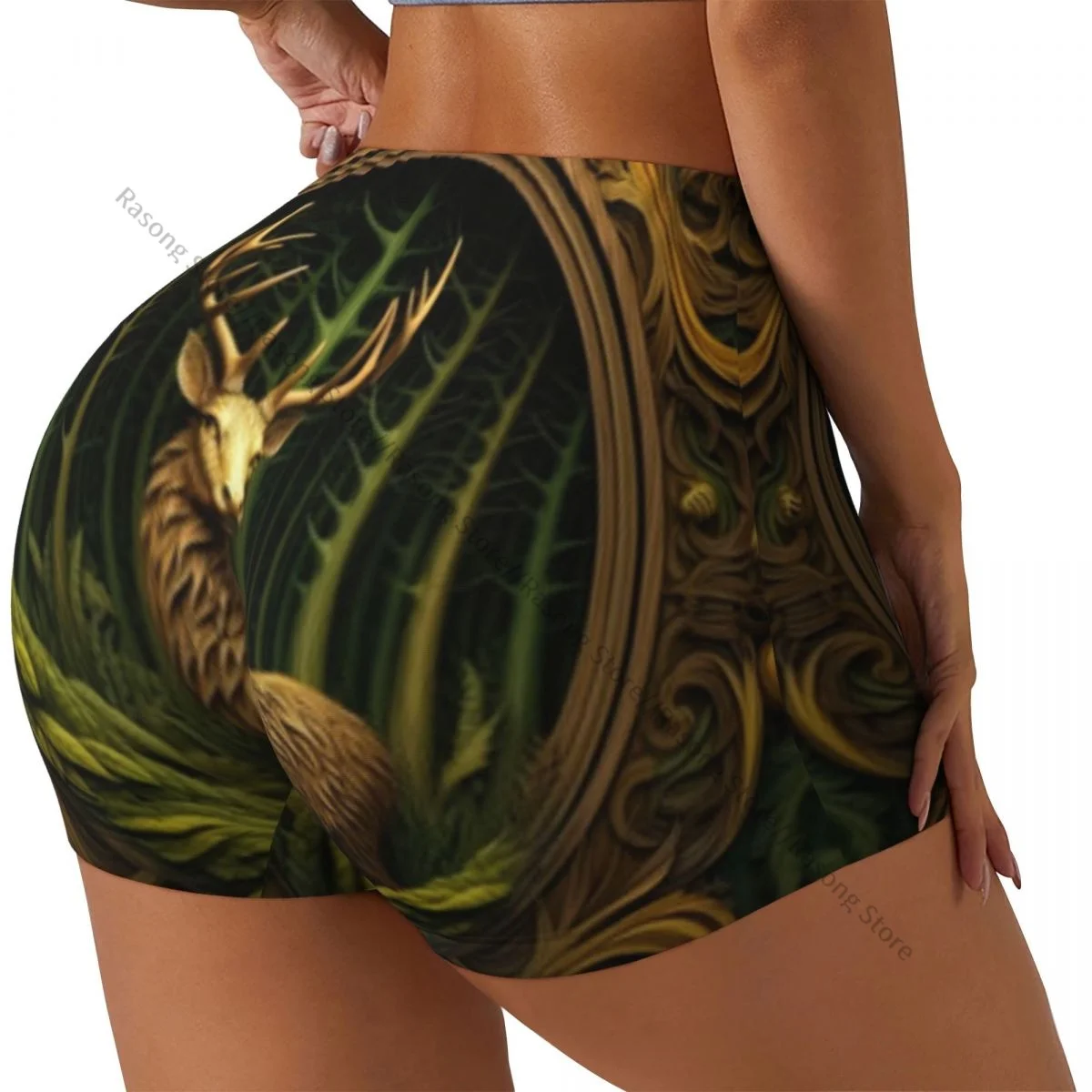 Sexy apertado quadril esportes shorts imagem de cervos fitness feminino confortável yoga shorts