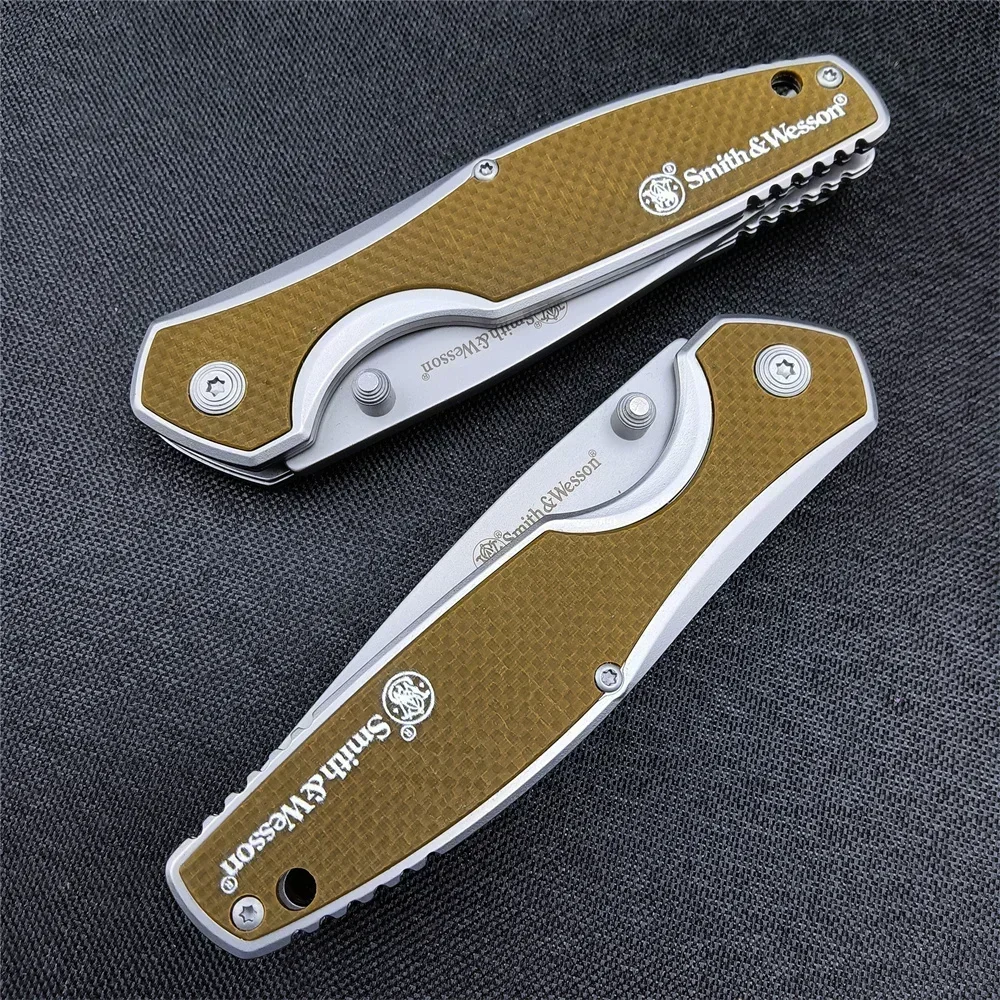 Smith & Wesson Cleft 0520 Assisted Folding Pocket Knife Satin Clip Point Blade Tan G10 and Stainless Steel Handles EDC Tools