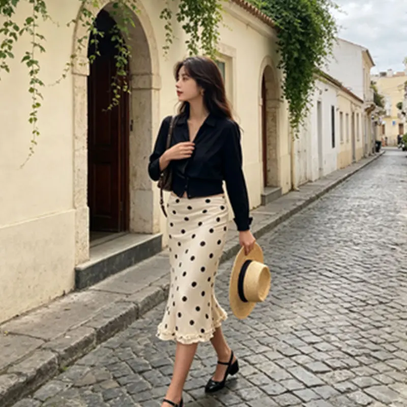 Vintage Style Ladies Polka Dot Midi Skirt High Waist Ruffle Hem Split Chic Daily Wear Skirt