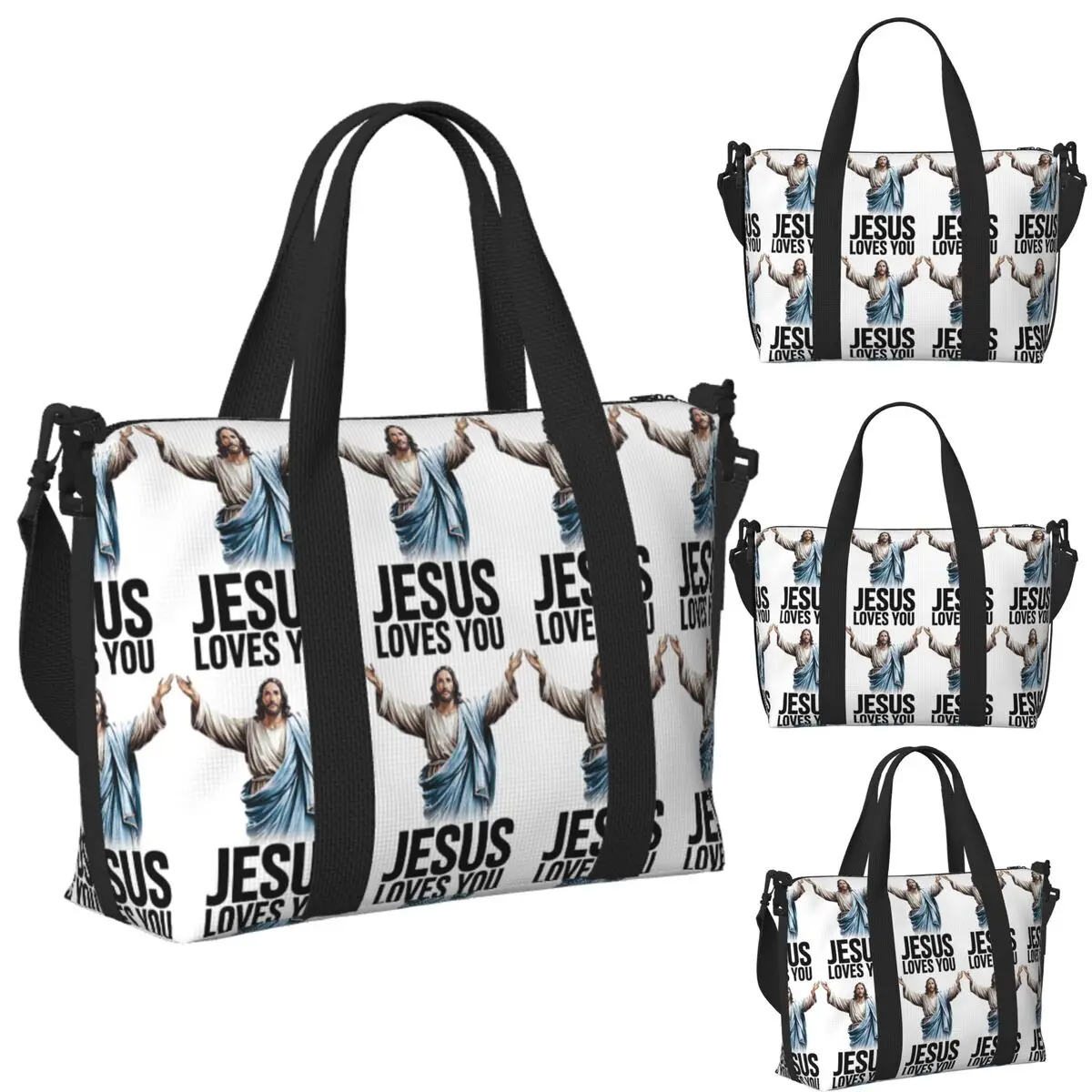 

Custom Jesus Loves You Beach Travel Bag Large Capacity Tote Bags for Gym Sport Women Shopping Duffle Shoulder Bag