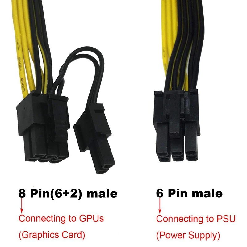 PCIE 6 Pin Male to 8 Pin (6+2) Male PCIe Adapter Power Cable PCI Express Extension Cable 12.5 Inches (2 Pack)