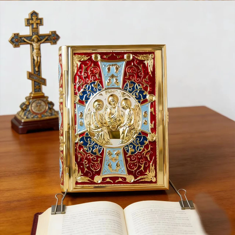 Neue Vintage-Vergoldete Orthodoxe Evangeliums-Buchhülle mit Emaillierter Heiliger Dreifaltigkeits-Ikone für Kirchenliturgie, Hausaltar und religiöses Gebet – Detail 4