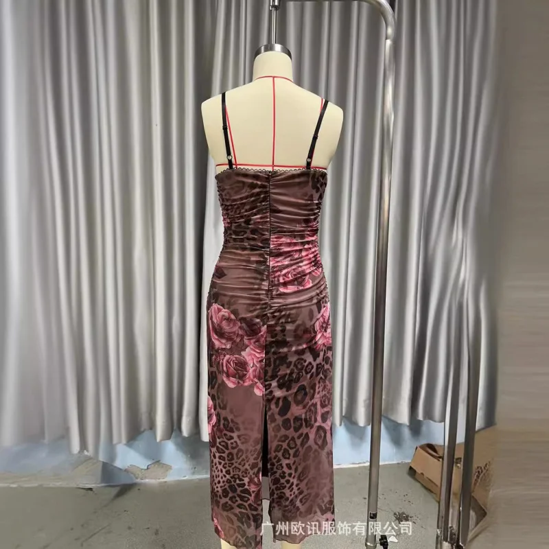 2025年欧米女性ファッション メッシュプリント スプリットロングドレス 半袖 バックレス ノースリーブ 花柄ストラップD