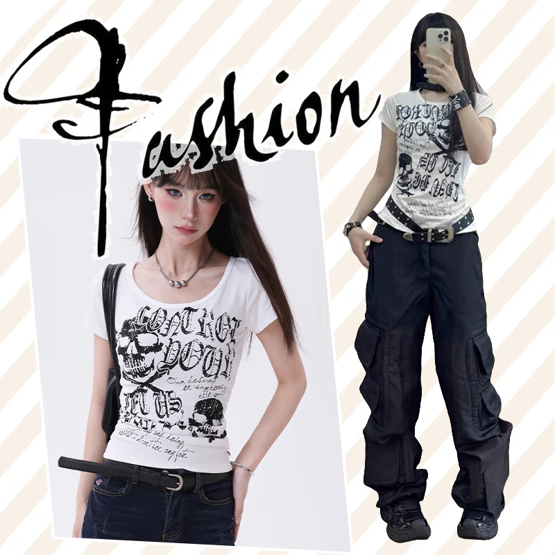 Y2K arcane Vintage Woman Clothing Skeleton Letter Print T-shirts American Retro Female Clothing SubCulture Punk Slim Gothic Tops