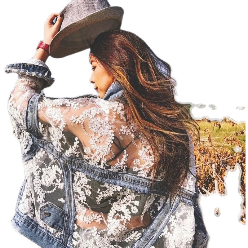 2025 Autumn Streetwear Fashion Embroidery Lace Patchwork Sexy Denim Jacket Women's Wear Tassel Loose Denim Jacket