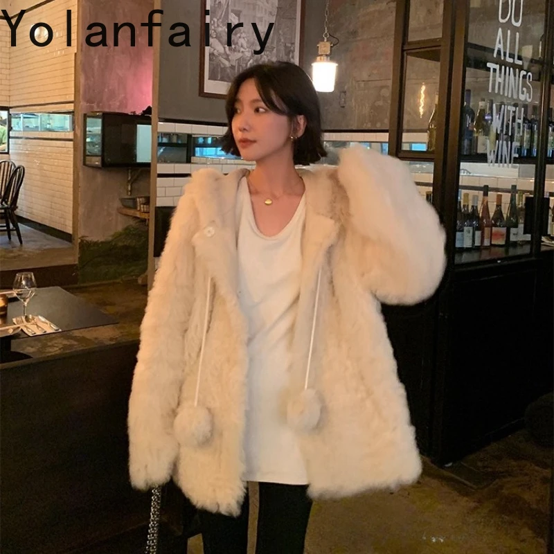 

YOLANFAIRY women‘s natural sheep fur coats Fur with integrated leather winter hooded high-end fashion real sheep fur jacket 2025
