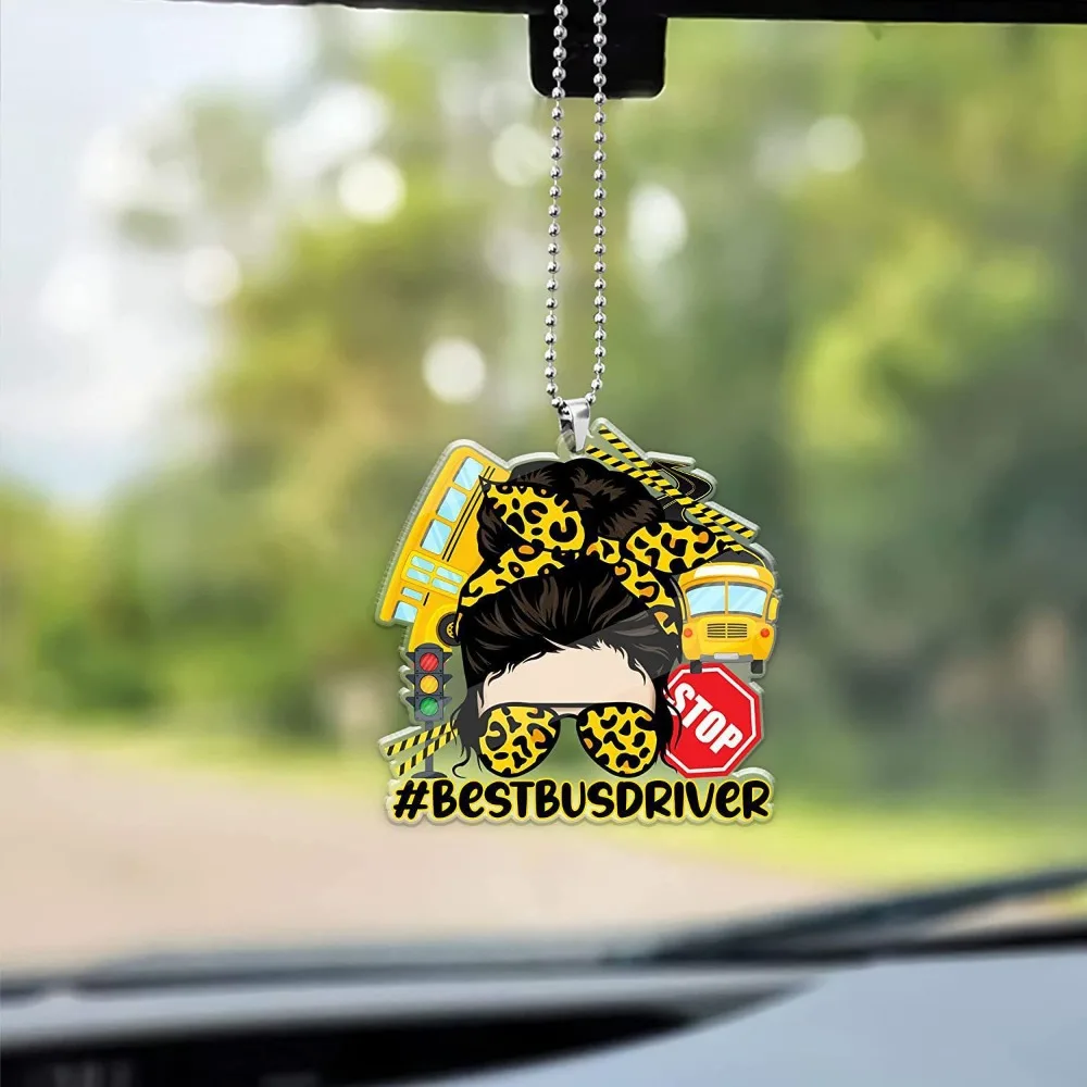 2D Flat Acrylic School Bus Driver Car Rearview Mirror Pendant Keychain Backpack Hanging Ornament Bus Driver Thank You Gift