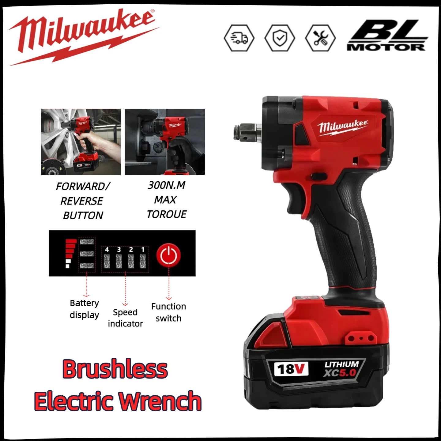 Milwaukee clé à chocs électrique sans fil 1/2 pouces 300N.M clé sans brosse Pin4 vitesses outil électrique tournevis à couple élevé sans fil