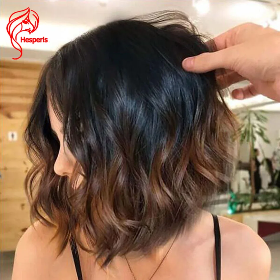 

Hesperis Wavy Bob Cut Human Hair Wig Ombre Short Lace Front Wig Bob Brazilian Remy Silk Base Lace Closure Wigs Ombre Brown