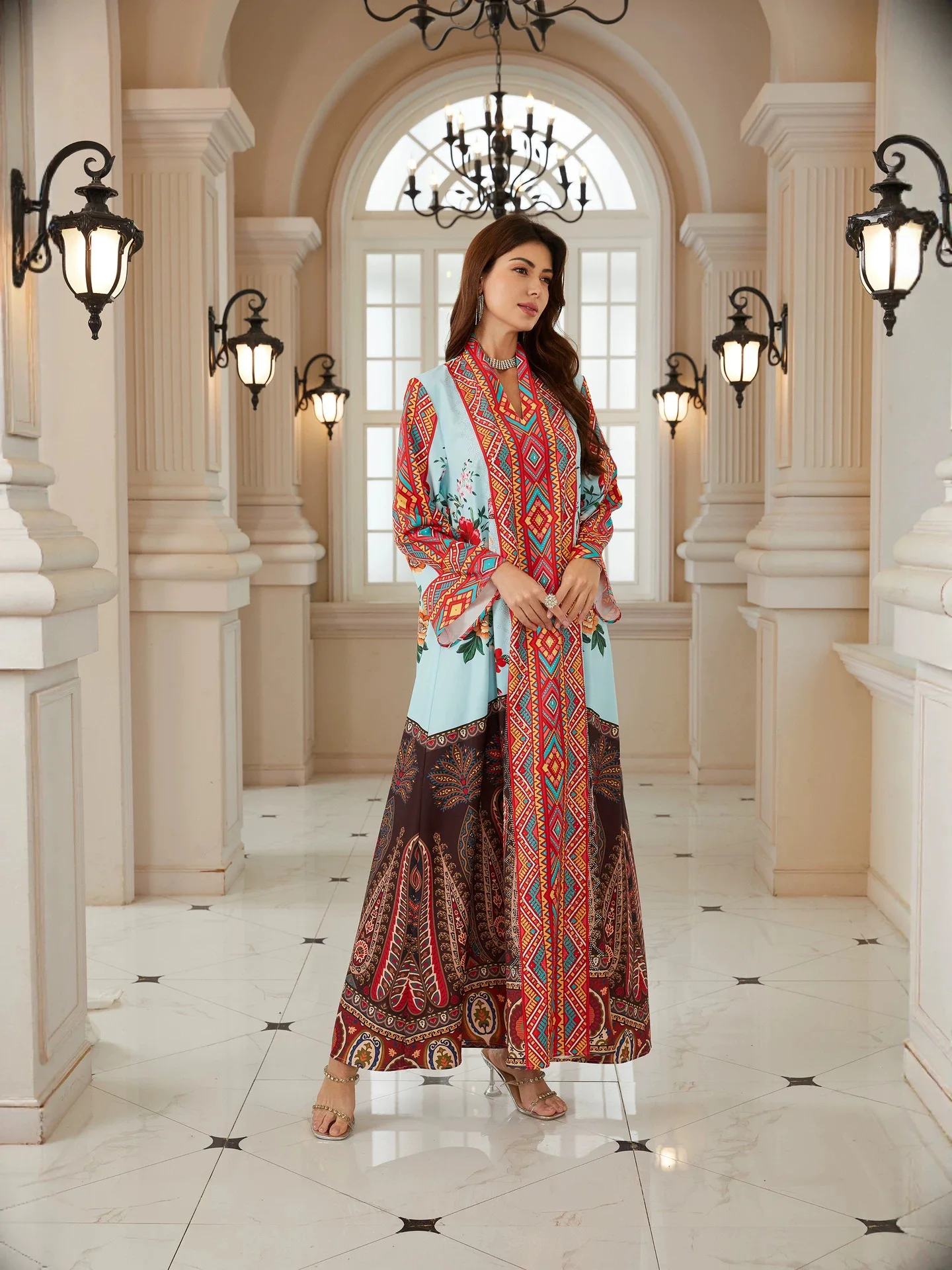Ramadan Saudi Arabia Dubai Muslim Luxury Fashion Islamic Dress Spring Set Printed Robe Hot Diamond Multi Color Bohemian Dress