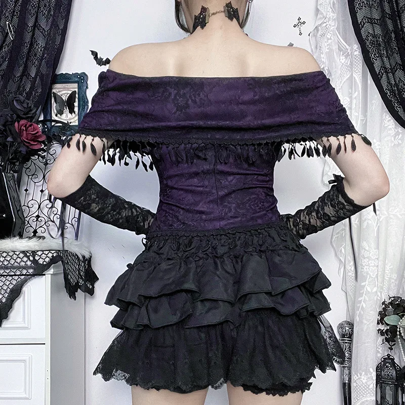 2026 Summer Women's Vintage Gothic Off Shoulder Lace Top Rose Embroidery Corset Style Blouse