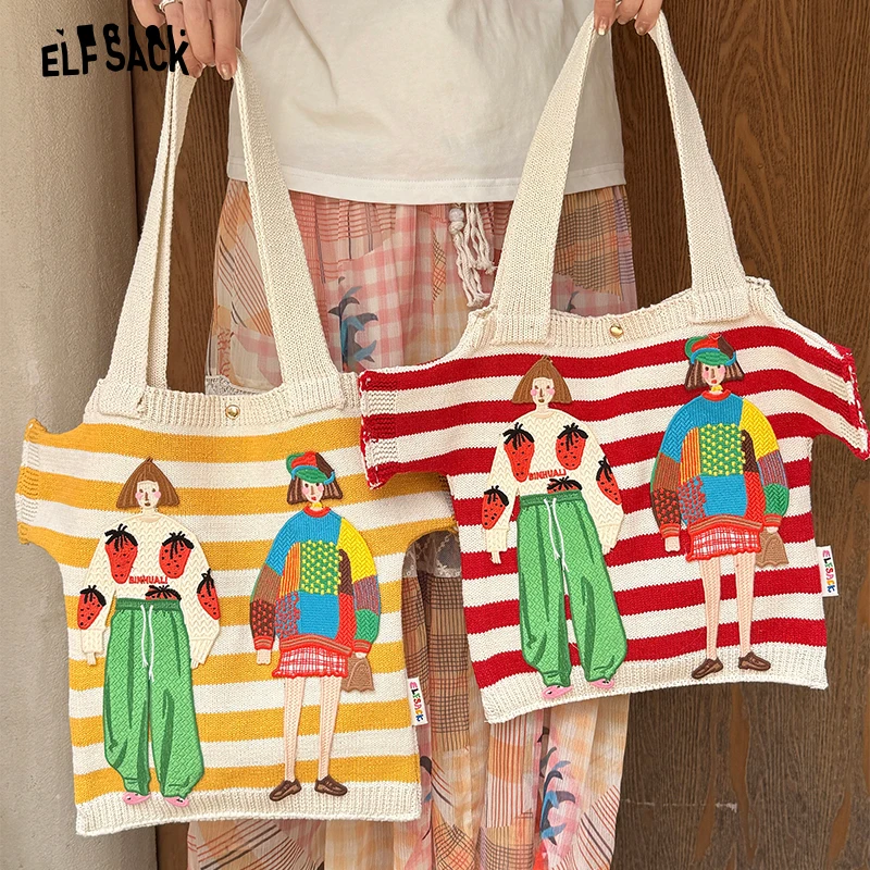 ELFSACK Striped Figure Applique Canvas Tote Bag, 2 Colors Cute Cartoon Character Patch Large Capacity Shoulder Shopping Bag