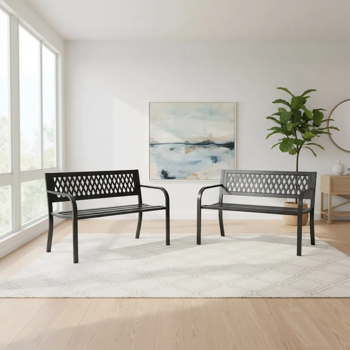 Heavy Duty 47 Inch Metal Garden Bench 2 Pack Outdoor Seating for Porch Patio Lawn