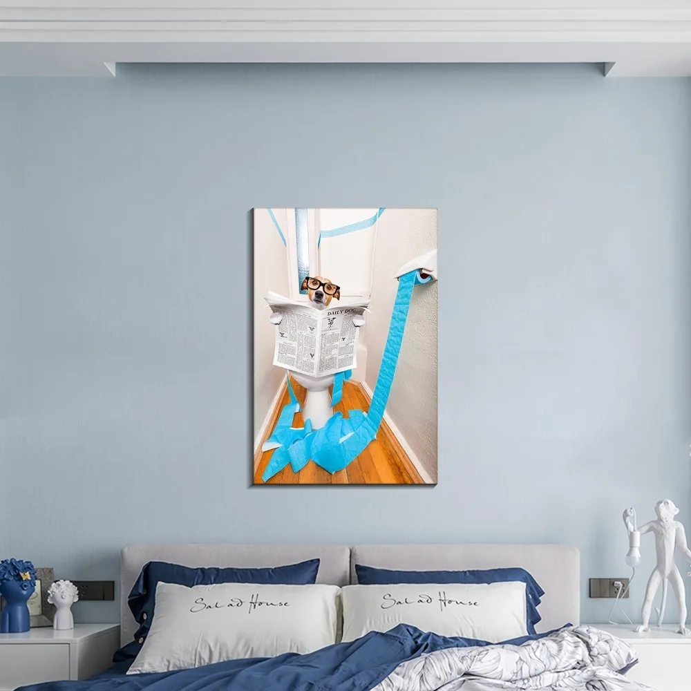 

Modern Dog Reading Newspaper Canvas Wall Art - Fancy pet portrait print with solid wood frame, high quality home decor