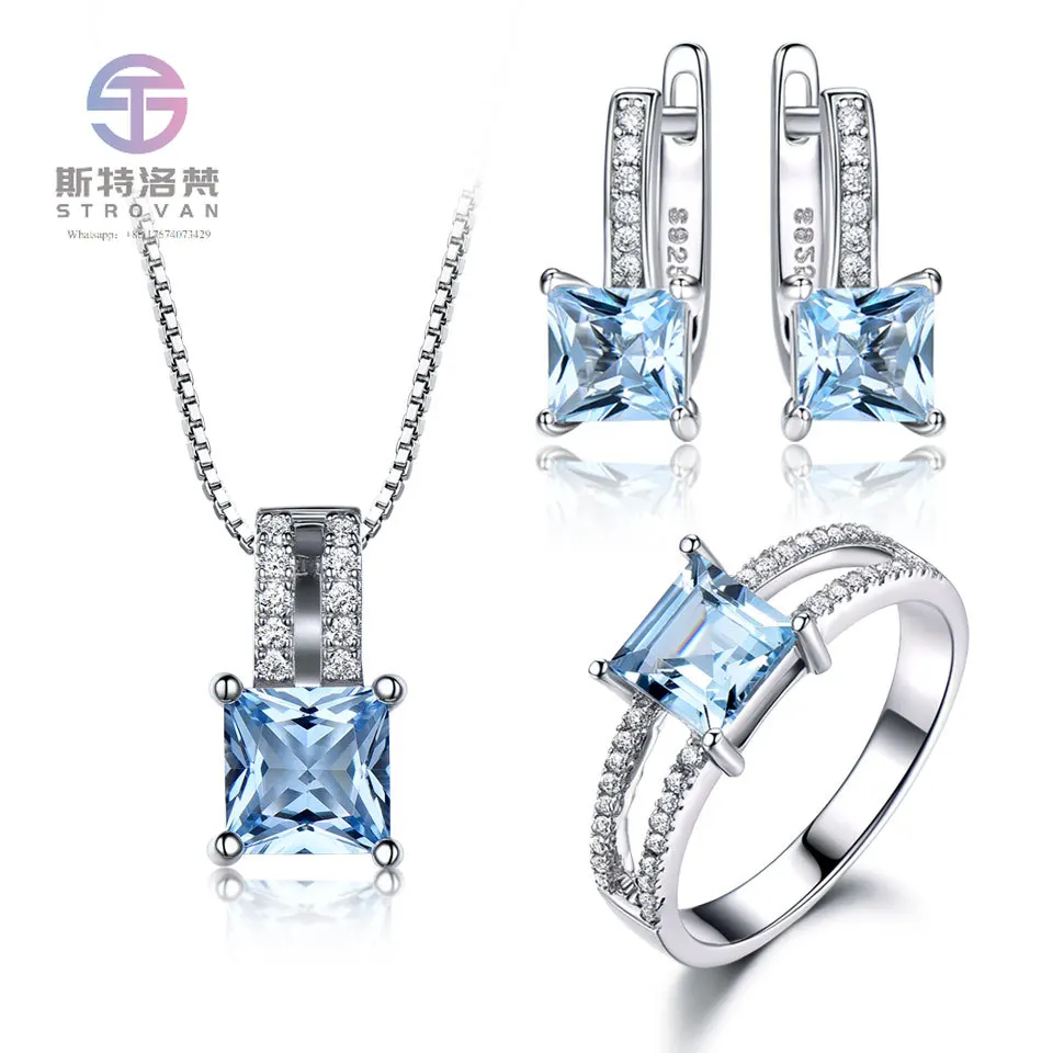 925 Sterling Silver Jewelry Set Nano Aquamarine Sky Blue Topaz Ring Pendant Stud Earrings Necklace for Women Fine Jewelry