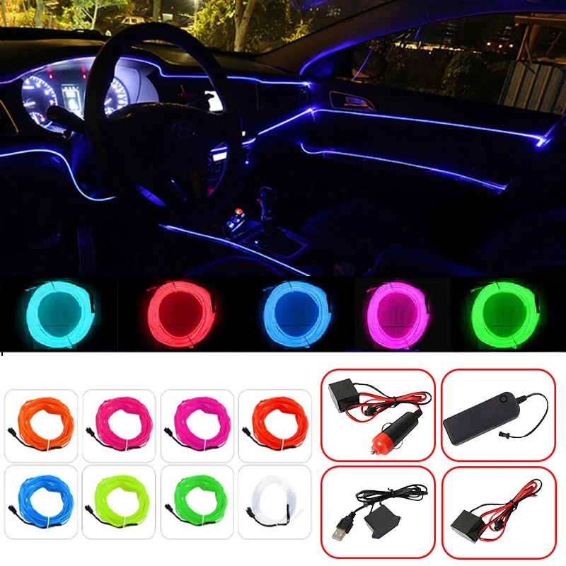 1M 3M 5M car EL Wire led strip Atmosphere light for DIY flexible AUTO interior Lamp Party decoration lights Neon strips 12V USB