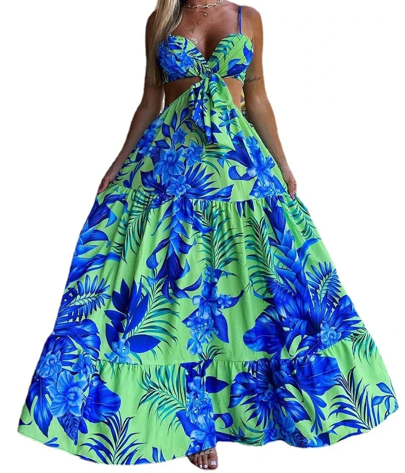 Cutout Tied Detail Tropical Print Cami Maxi Dress Women Party Night Club Vestidos Beach 2024 Summer New Dresses Prom Dress