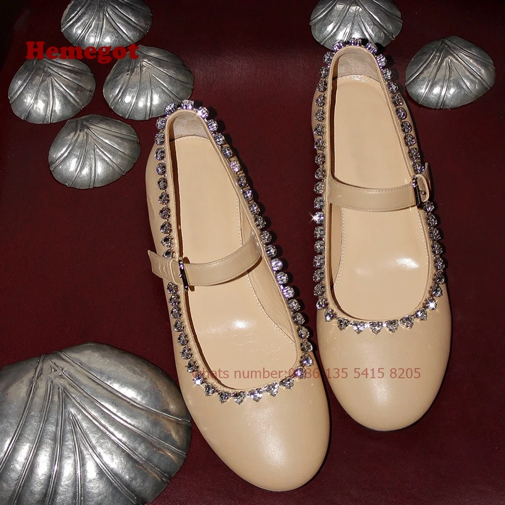 Beige diamant besetzte flache Pumps flach mit Schnalle Balletts chuhe runde Zehen Leder niedrige Absätze bling Luxus Party Schuhe sexy