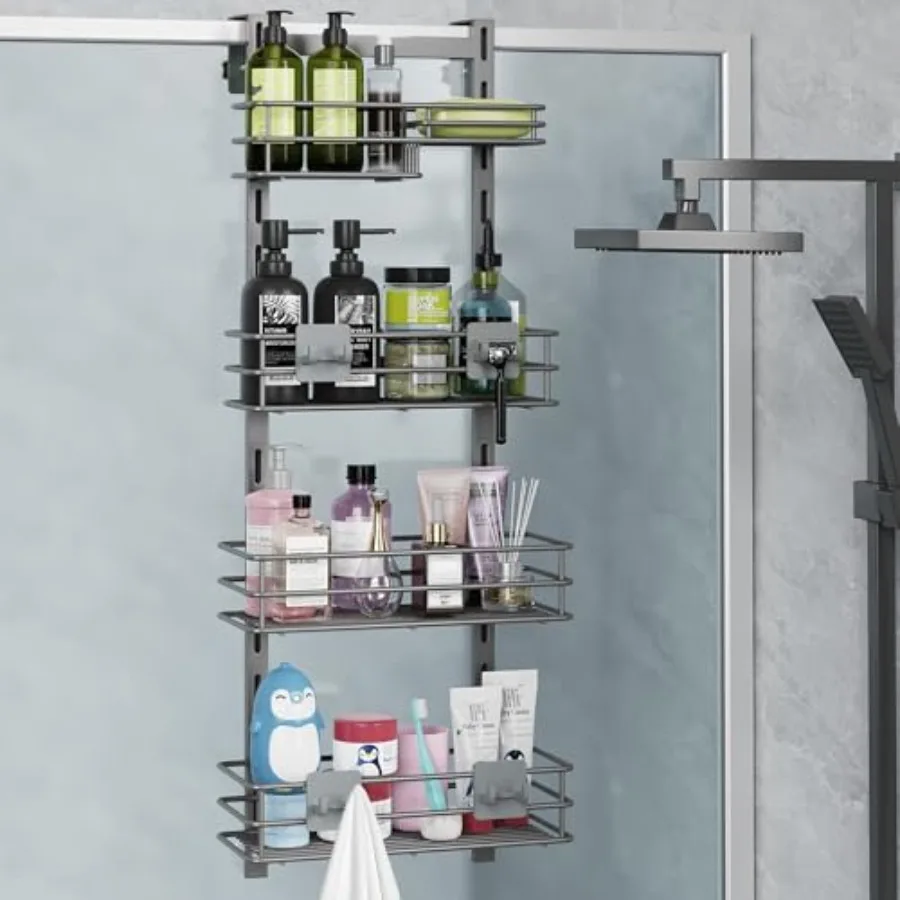 

Over The Door Shower Caddy Adjustable 4 Tier Dark GreyBathroom Hanging Organizer Shelf Rustproof with 4 Hooks Shower Basket wit