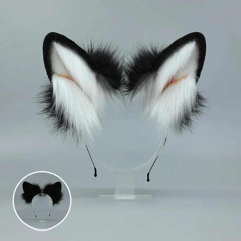 CyPlush-Diadema con orejas de perro, Animal peludo, oreja de bestia, aro para el pelo, oreja de gato de piel sintética, cola de lobo, accesorios de disfraz de Anime profesional
