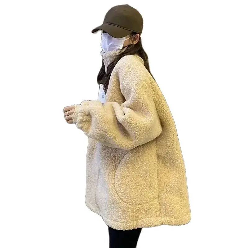 Winter Autumn High Quality Women Plush Jacket Fleece Jacket with Side Pockets Stylish Solid Color Brown Apricot Warm Soft