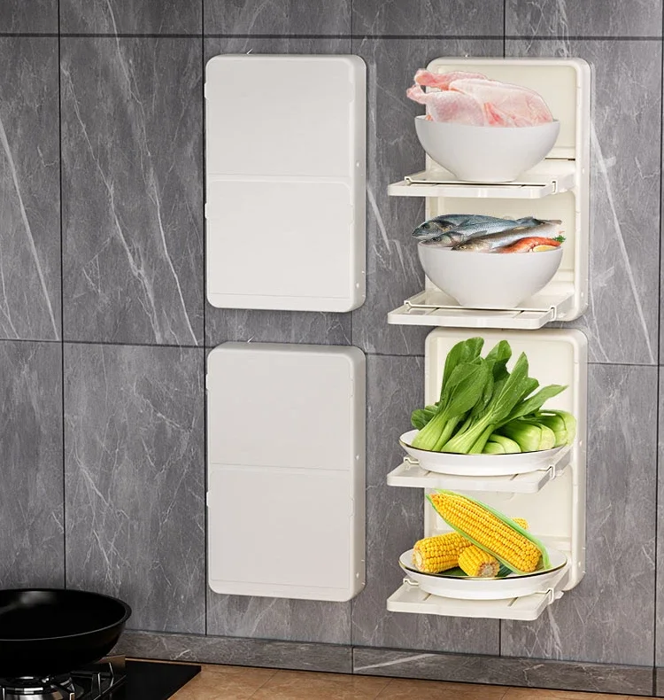 Kitchen multi-functional shelves, food preparation, side dishes, wall-mounted wall-mounted, foldable multi-layer storage shelves