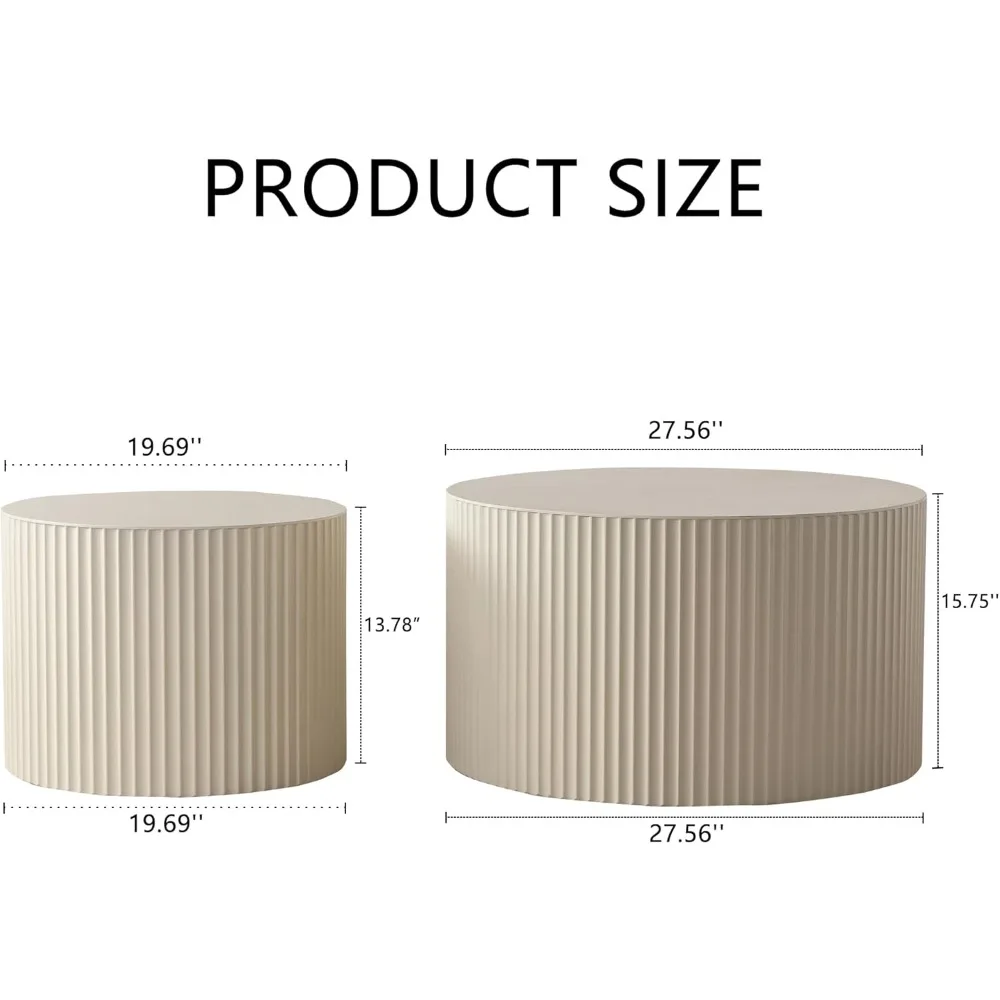 Juego de 2 mesas de centro anidadas redondas con rayas onduladas de madera modernas, centro de mesa con acento de tambor circular Beige