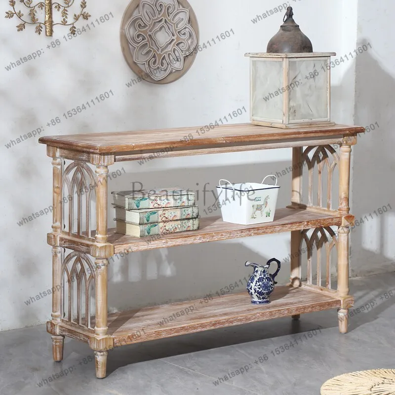 LX French castle style wooden engraving retro old three-layer bookshelf shelf